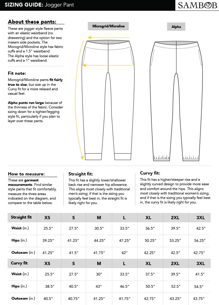 Sambob pants size chart